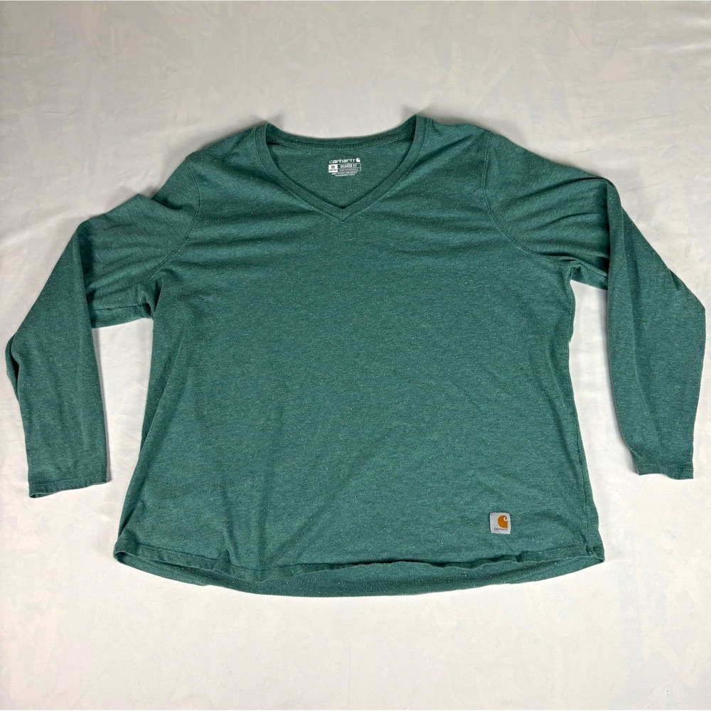 Carhartt Womens 3X Long Sleeve V-Neck T-Shirt Green Heather Relaxed Fit Plus